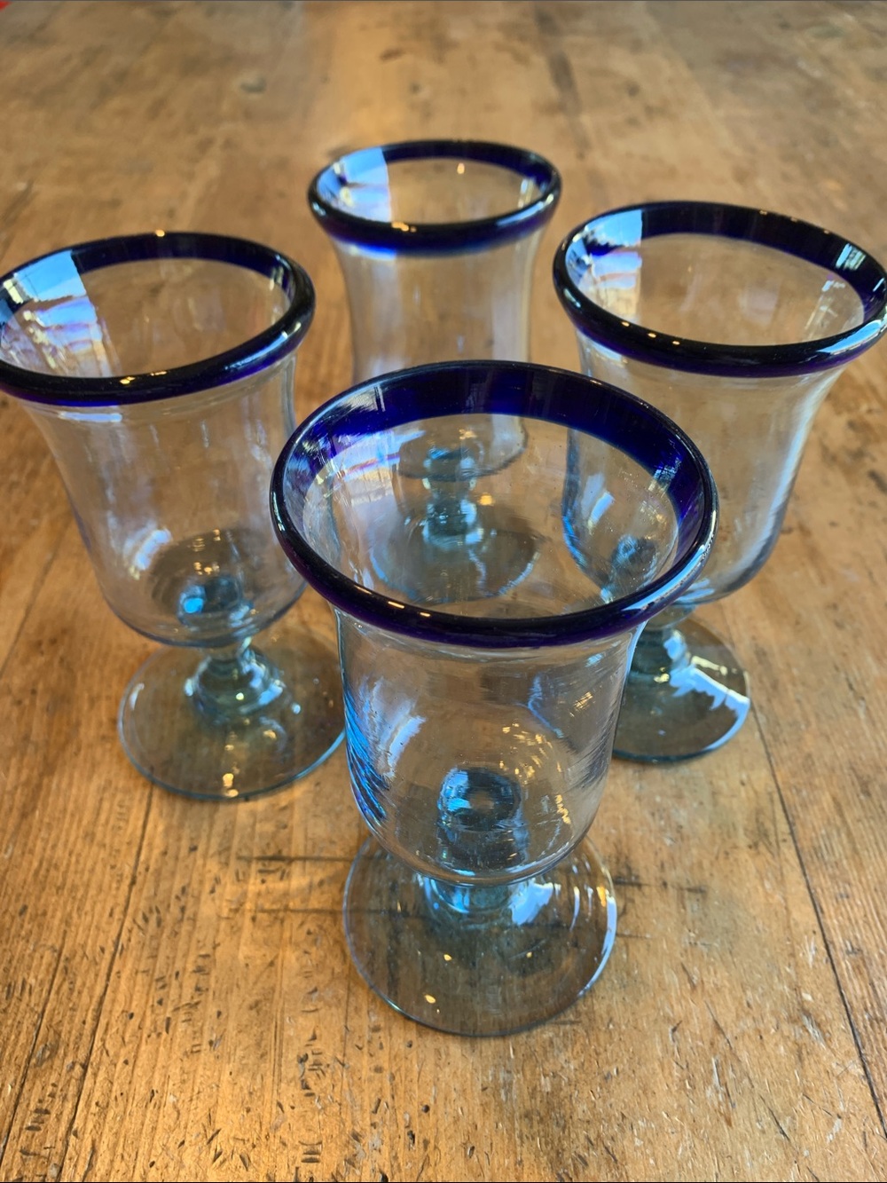 Hand Crafted Blue-Rimmed Blue Clear Glass Goblet Set